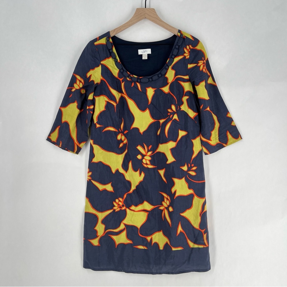 LOFT Navy Green Orange Cotton Blend Tropical Floral 3/4 Sleeve Shift Dress 8